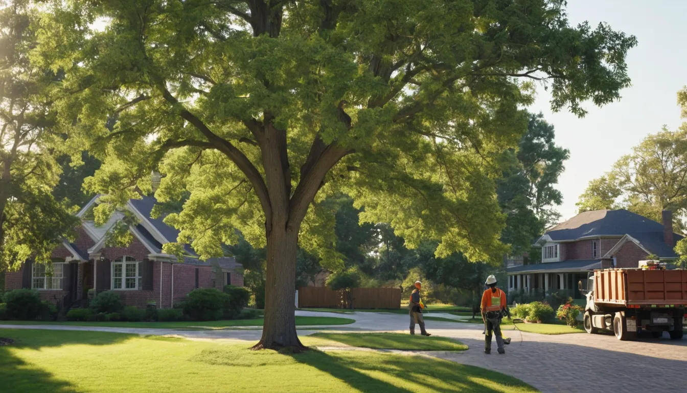 A tree removal provider working on a large backyard tree near a home in Andover
