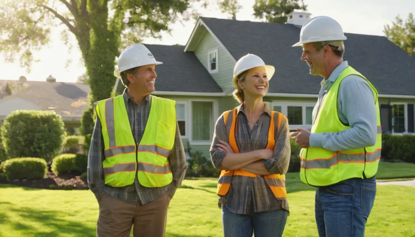 Friendly tree removal provider talking with a homeowner beside a tall tree in a Andover backyard